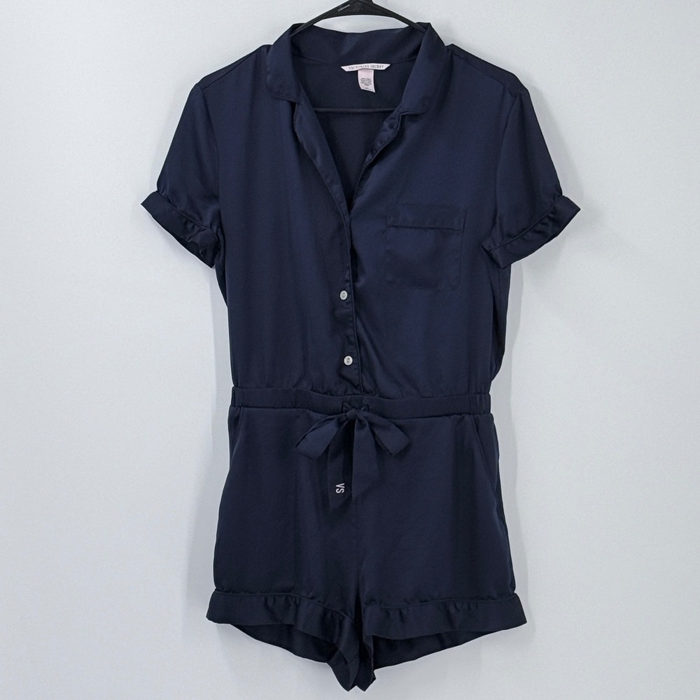 Victoria's Secret Satin pajama Romper Womens Sz M Navy‎ Blue Loungewear vacation